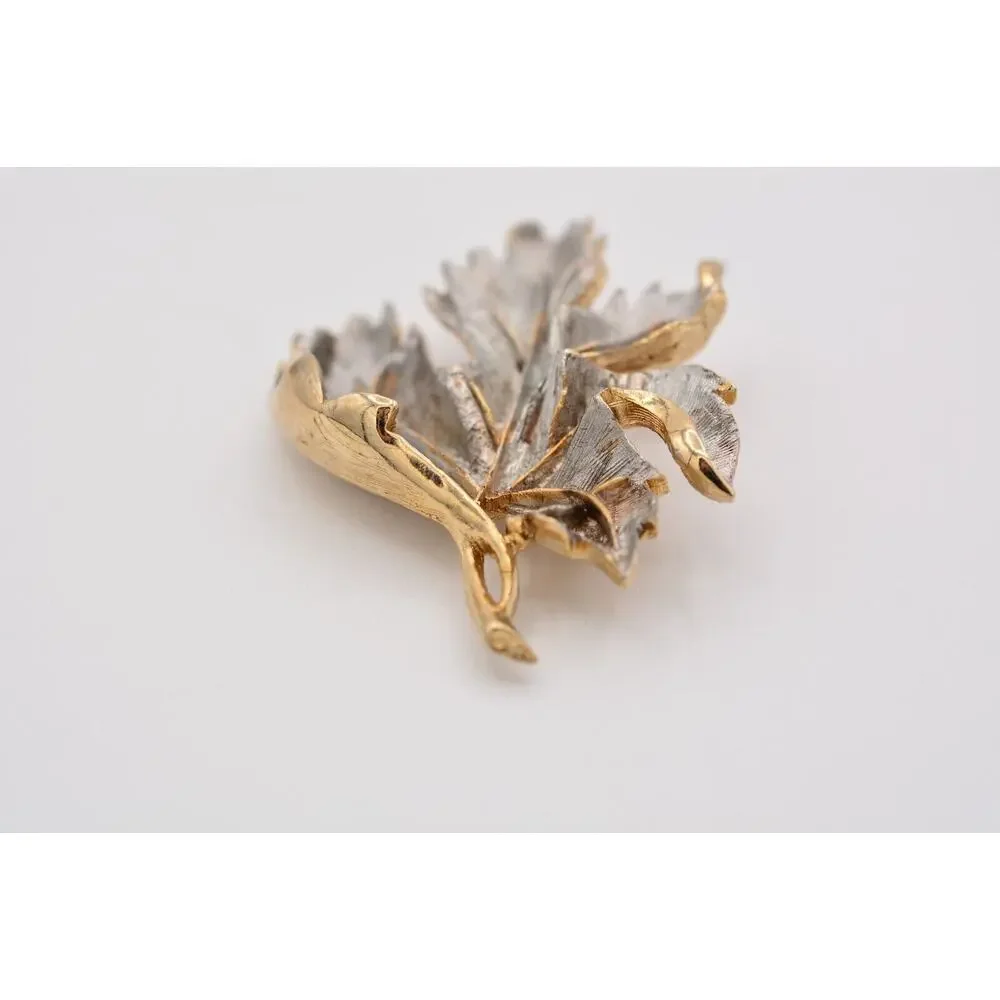 Vintage Leaf Pin Brooch Dark Silver Gold Textured Heavy Chunky 1980s BinAP